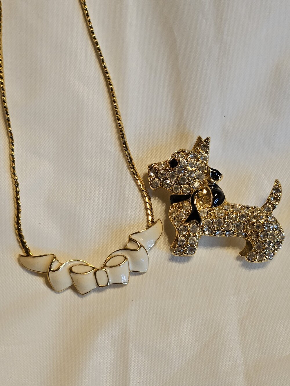 Bundle Of Vtg Monet Gold Tone Bow Necklace And Scotty Dog Brooch